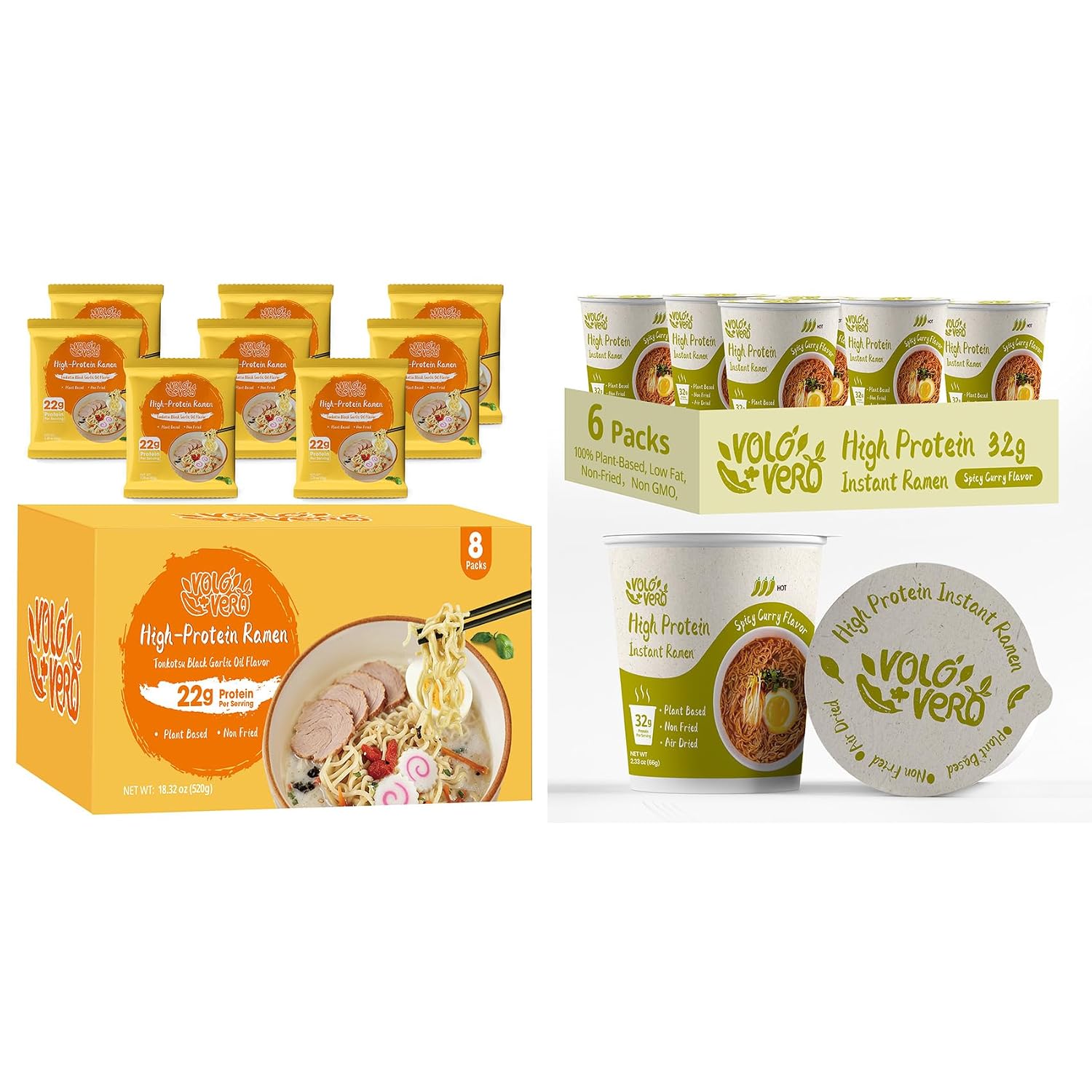 VOLO VERO Protein Ramen Noodles 22g Plant Based Protein and High Protein Instant Ramen Soup Cup 32g Protein Vegan Non Fried Low Fat Egg & Dairy Free 14 Packs Quick Meal Solution