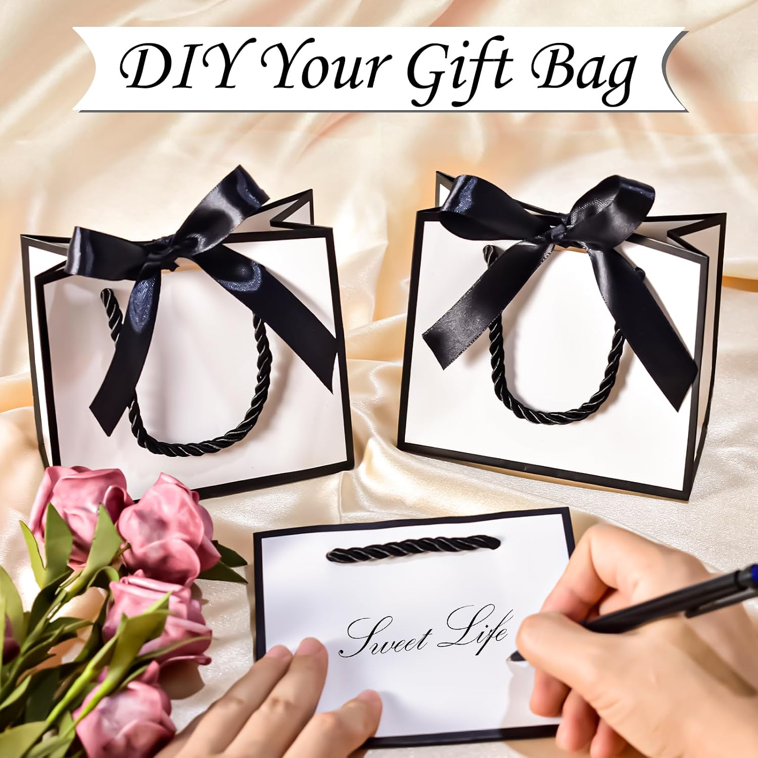 EQOREIIN 100 Pack Small Gift Bags with Handles, Mini Bag,5.5x 2.5x4.7 Inches Small Thank You Gift Bags Bulk with Ribbon for Party Favors,Mother's Day, Goodie, Weddings,Baby Shower(White Black)