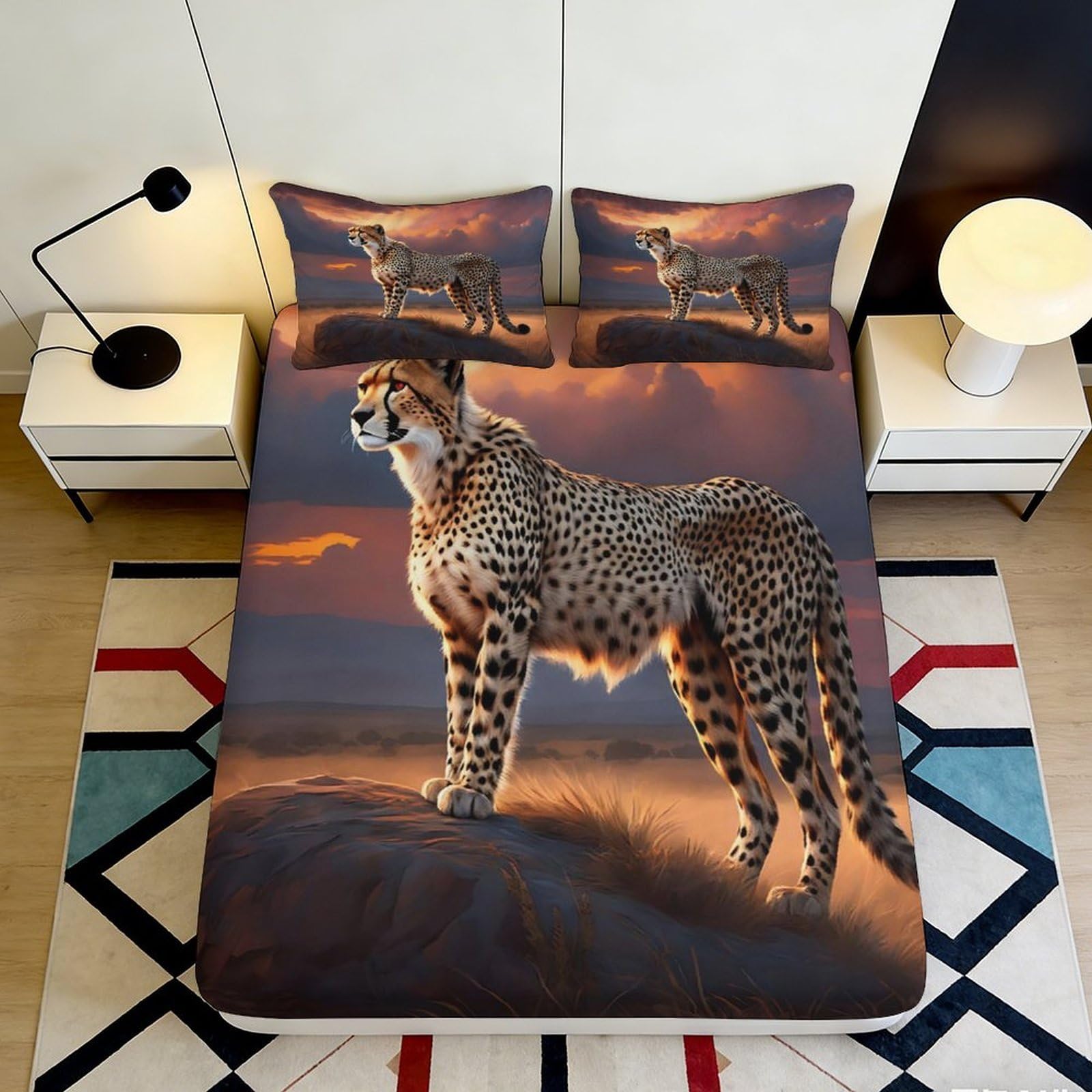 3D Printed Sunset Cheetah Fitted Sheet Microfiber Artistic Wildlife Bed Cover for Bedroom Guest Room Decor Easy Care 90x200x25cm
