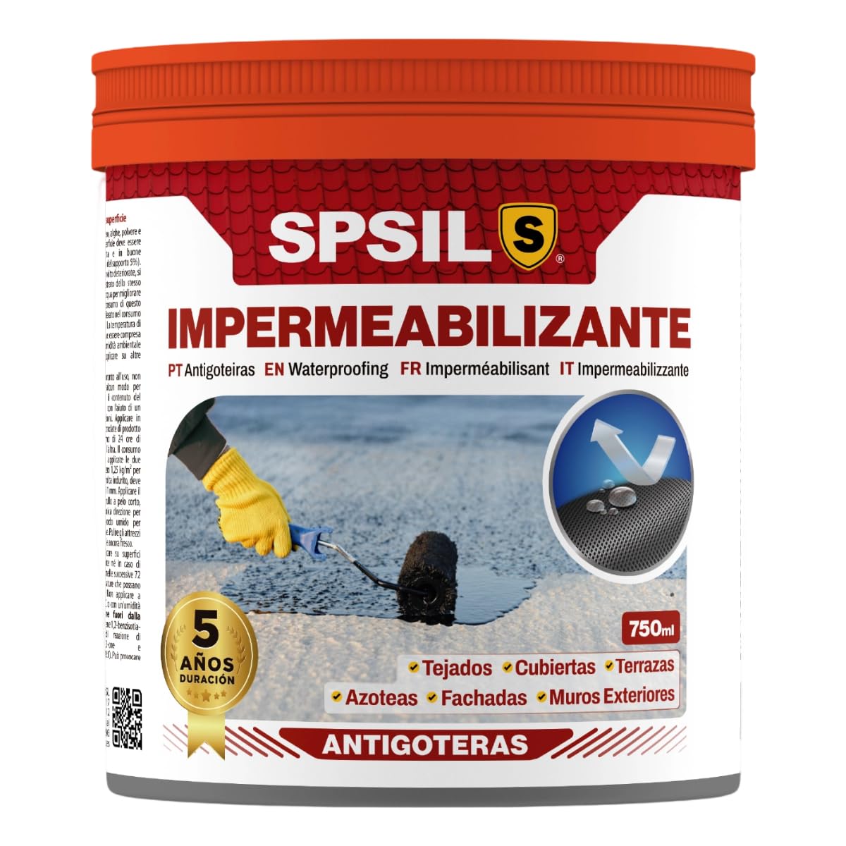 SPSIL Pintura Impermeabilizante Blanca 750 ml-Sellador Antihumedad y Antifiltraciones para Tejados, Terrazas, Cubiertas y Fachadas – Secado Rápido 1-2 h-Protección Exterior Duradera hasta 5 Años — view 8