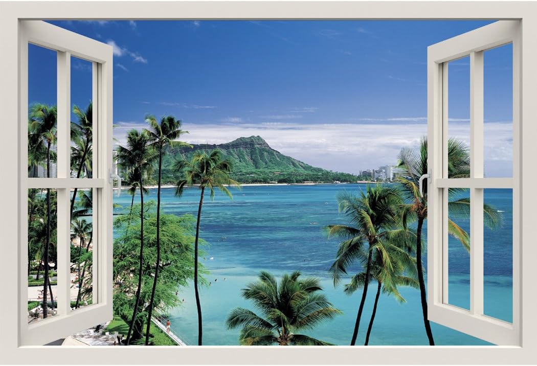 RoyalWallSkins Window Frame Mural at The Seashore - Huge Size - Peel and Stick Fabric Illusion 3D Wall Decal Photo Sticker