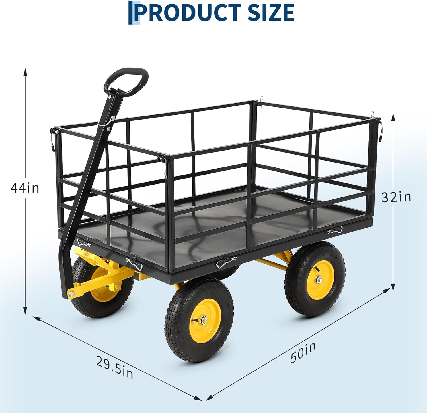 Heavy Duty Steel Garden Cart, Utility Yard Wagon with All-Terrain Tires, Removable Mesh Sides, Swivel Handle, Folding Garden Carts for Soil, Tools, Plant Transport, 1500 lbs Capacity - Black