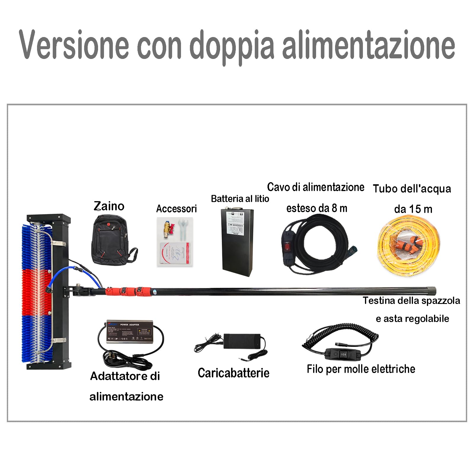 Kit a Palo Alimentato ad Acqua da 24 Piedi, Spazzola Rotante per la Pulizia di Pannelli Fotovoltaici, Asta Telescopica in Fibra di Carbonio, Alimentazione CA/CC/Doppia