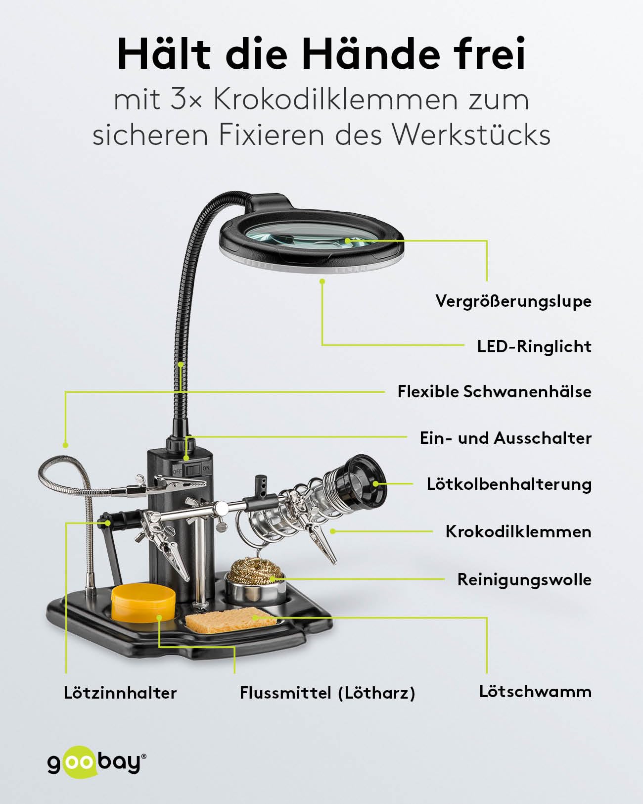 Goobay 51199 – Troisième Main Avec Loupe Grossissante 2,5x – Pince Crocodile – Aide Soudure
