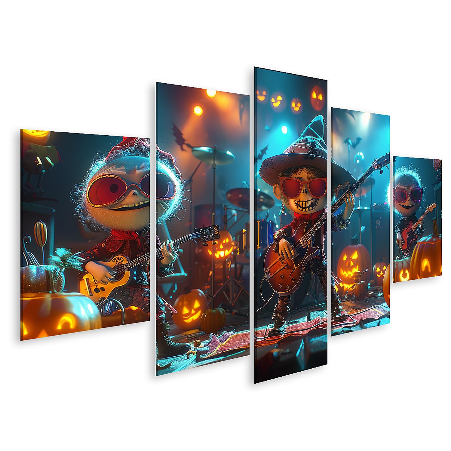 islandburner Bild auf Leinwand Kürbiskopf Band spielt Halloween Konzert auf festlich geschmückter Bühne Bilder Wandbilder Poster