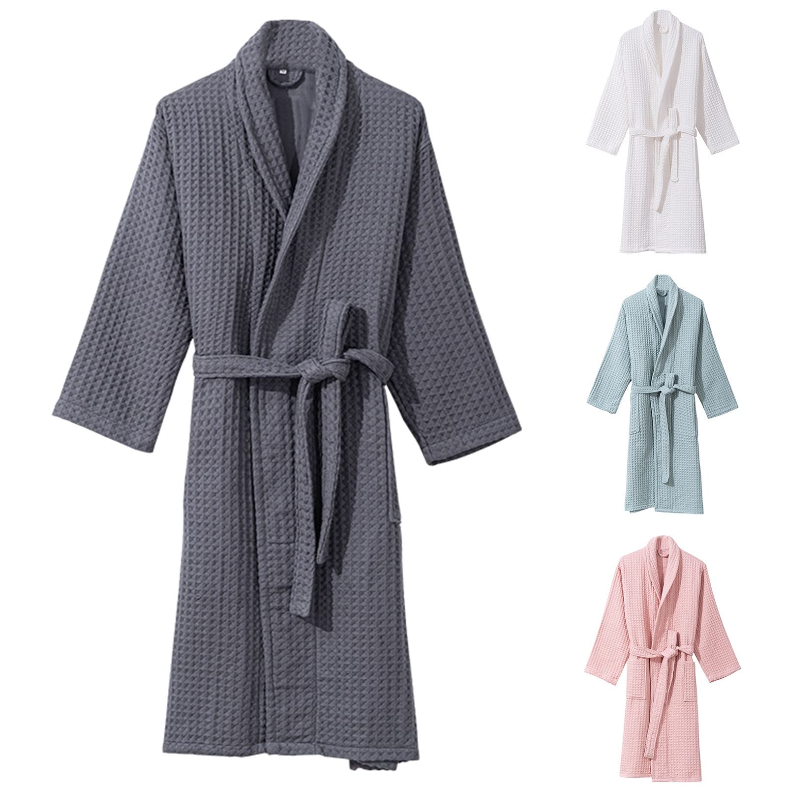 Damen-Bademantel, leicht, Waffelmuster, lang, Loungewear, Nachtwäsche, Lounge-Bademantel, bequem, einfarbig, mit Taschen und Gürtel, Hausmantel