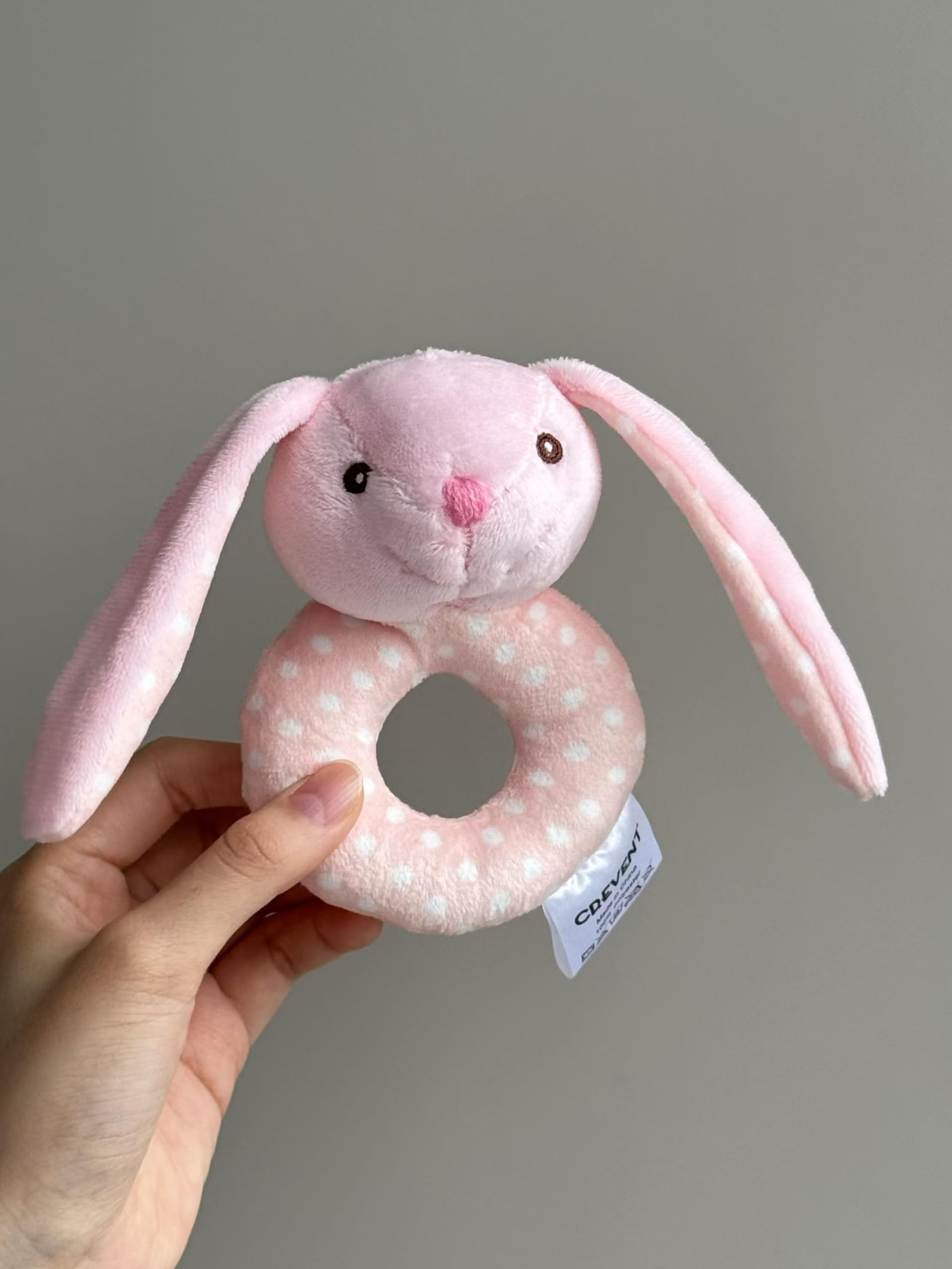 CREVENT Cozy Plush Baby Loveys for Baby Girls Boys Stuffed Animal Ring Rattle Shaker Toy for Newborns (Ring Bunny)
