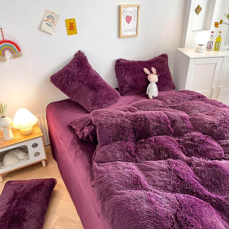 Miniatura 7 de chovy Juego de edredón de felpa de piel sintética color morado uva, tamaño Queen, ultra suave, lanudo terciopelo de franela esponjoso, juego de ropa
