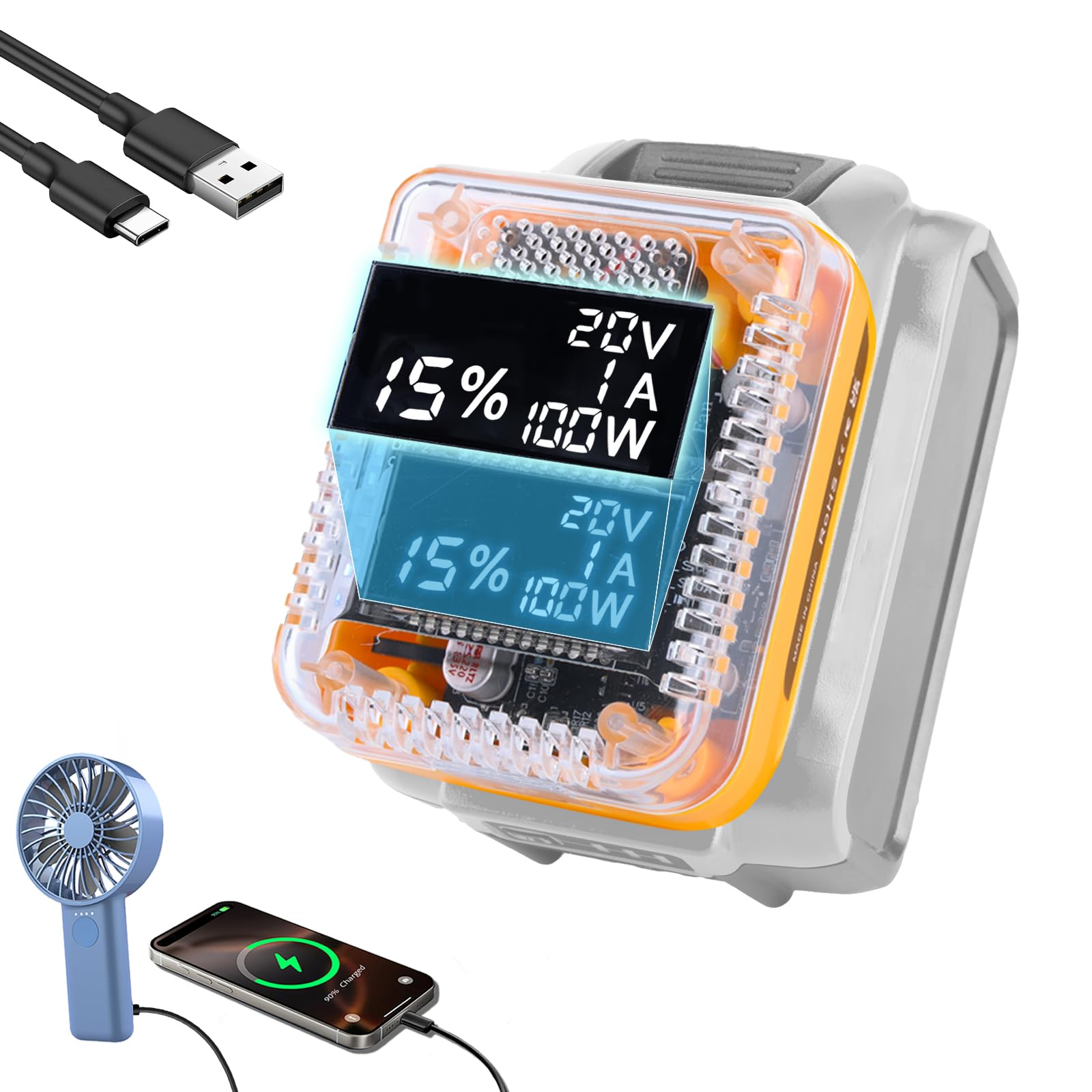 138W USB Battery Adapter for Dewalt with LED Display, Power Inverter Battery Charger Power Station with Type-C Port & USB Port & LCD for Dewalt 20V &