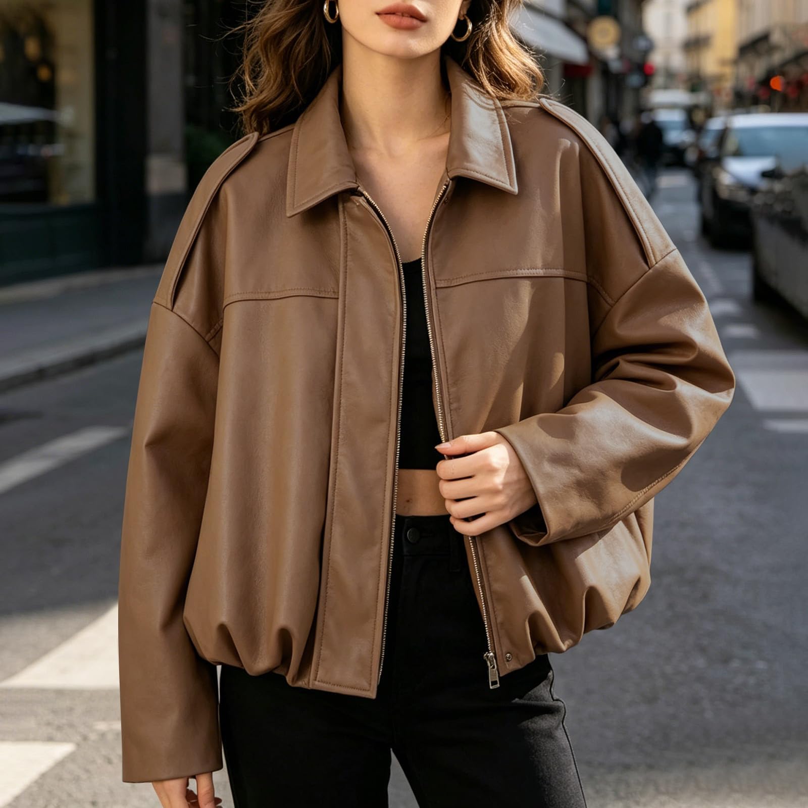 Lederjacke Damen Oversized Übergangsjacke Bomberjacke Damenmode Jacke