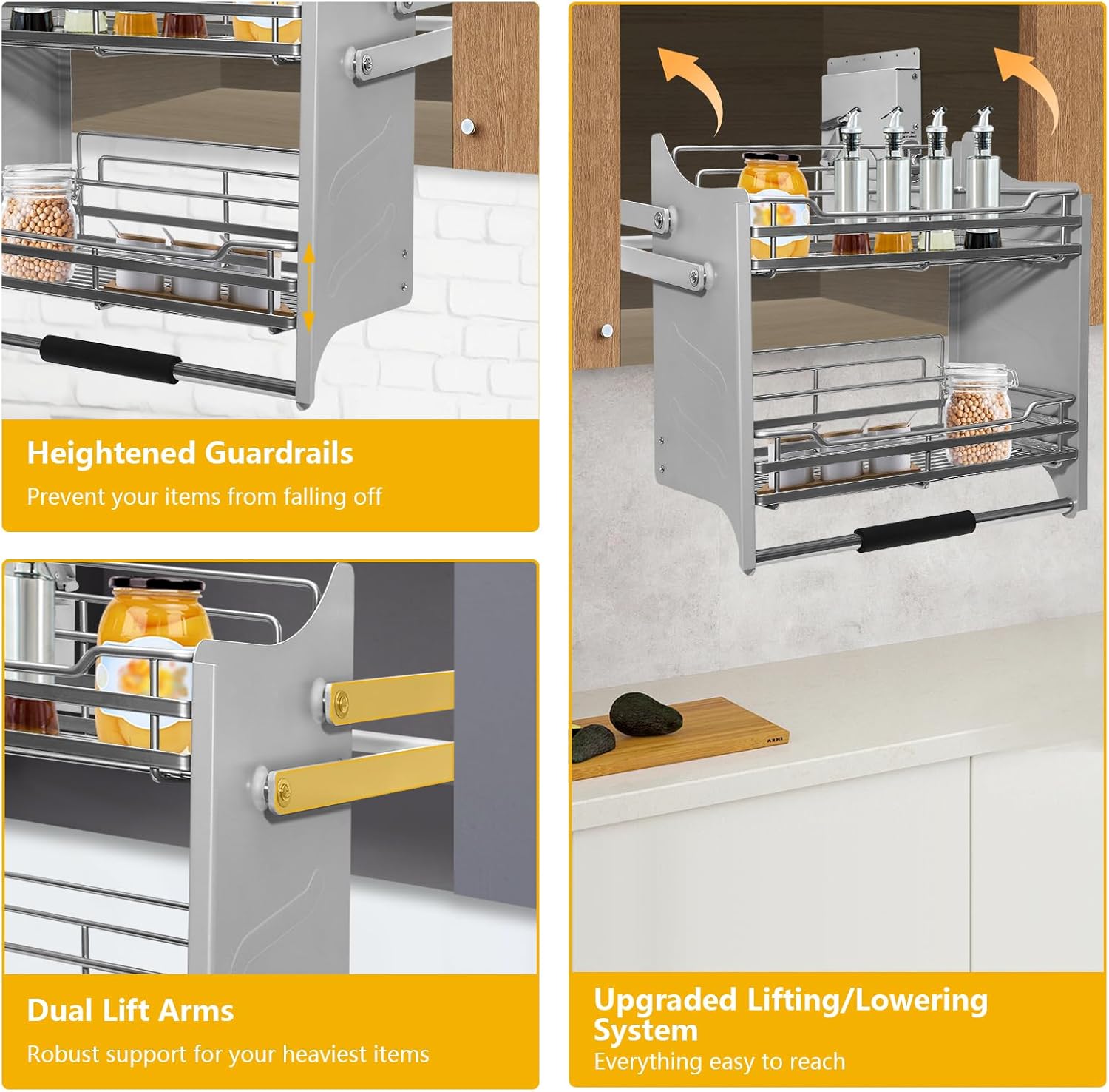 Pull Down Shelf Organizer for Upper Kitchen Cabinet Storage, 2-Tier Upper Cabinet Pull Down Shelf, Easy Install, Max Load 10kg/22lbs, Fits Swing/Folding/Flip-up Doors, Dark Grey