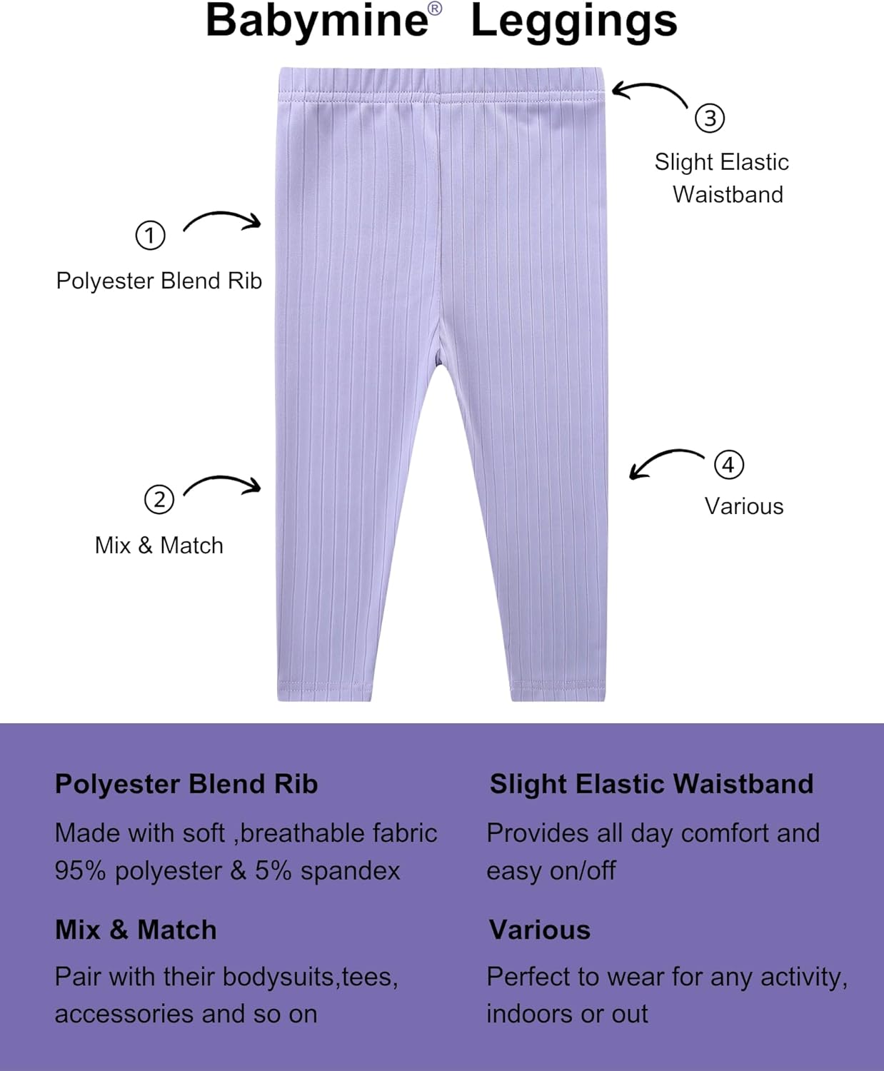 Baby and Toddler 3 Pack Pull On Pants Solid Ribbed Leggings Infant Clothes Size 1-4 Years - Image 3