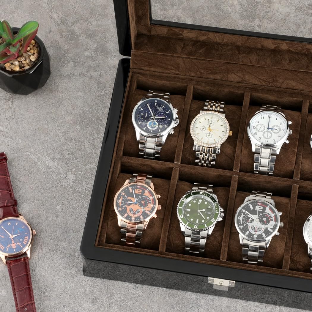 Organizador de relojes de madera, caja de reloj para hombre de 8 ranuras con parte superior de cristal, vitrina de madera con acabado lacado brillante, caja de regalo de reloj para hombres