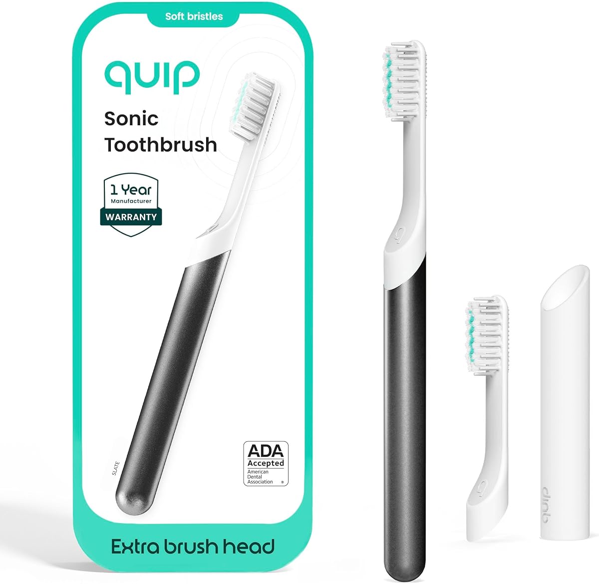Sonic Toothbrush for Adults with Timer - Includes Extra Brush Head and Travel Cover Mount - Electric, Soft Bristle Refill Head, Metal Handle, 3 Month Battery Life - Travel Toothbrush - Slate