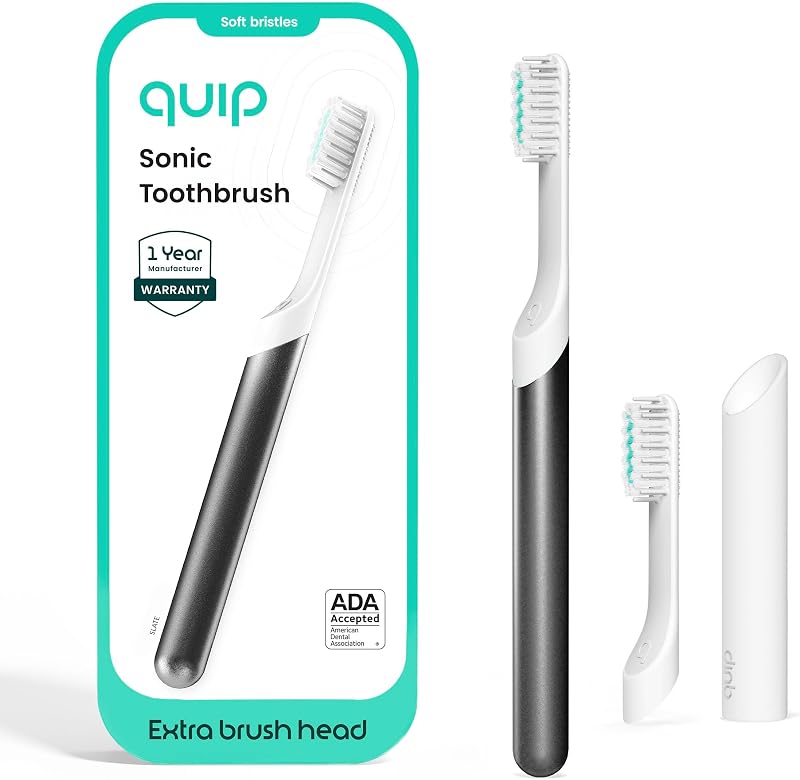 Sonic Toothbrush for Adults with Timer - Includes Extra Brush Head and Travel Cover Mount - Electric, Soft Bristle Refill Head, Metal Handle, 3 Month Battery Life - Travel Toothbrush - Slate