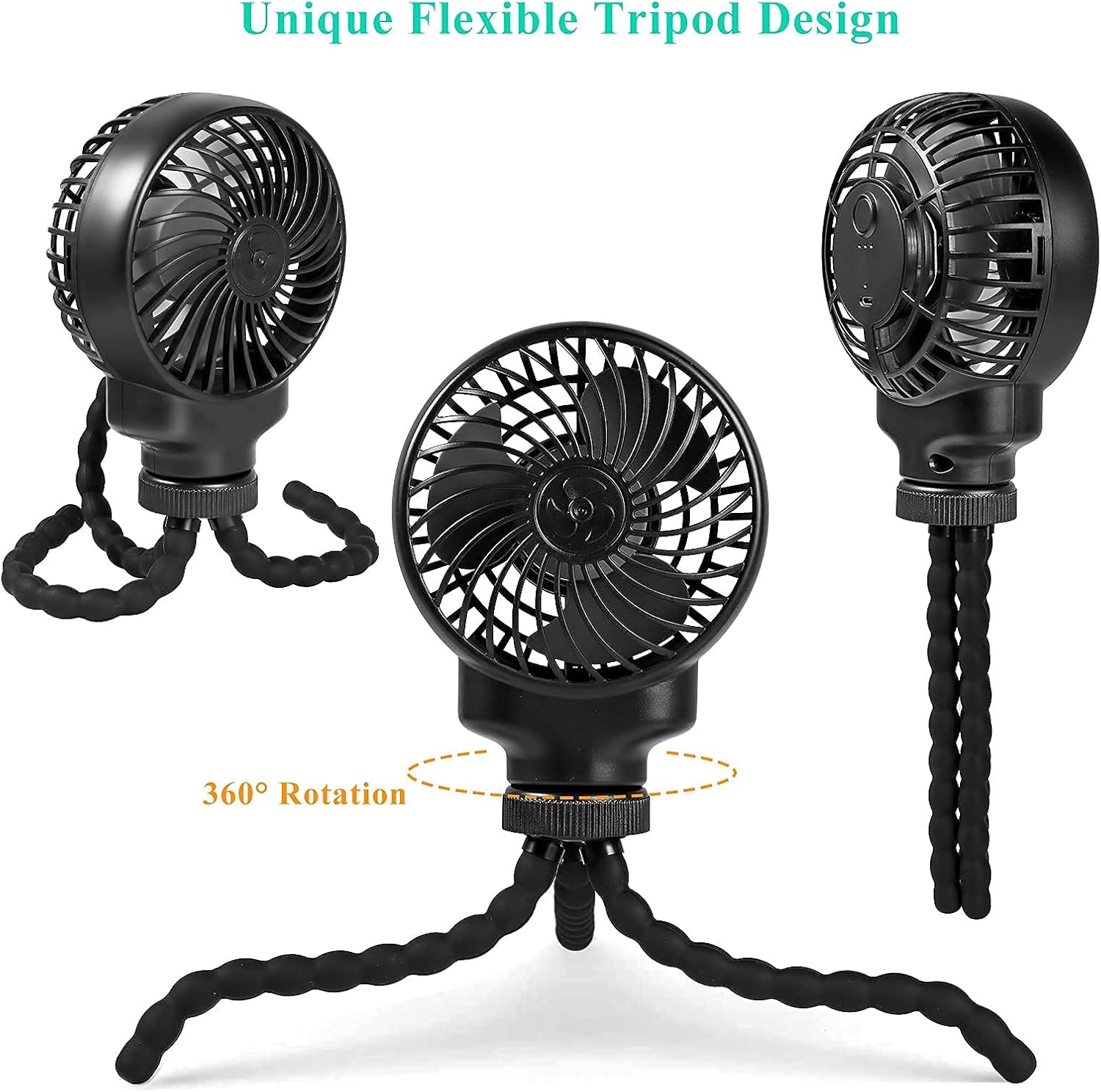 Portable Stroller Fan Clip On, Mini USB Charging Personal Desk Fan with Flexible Tripod, 3 Speeds 360°Rotation Handheld Rechargeable Fan for Stroller, Treadmill, Car Seat, Office, Travel: Home & Kitchen