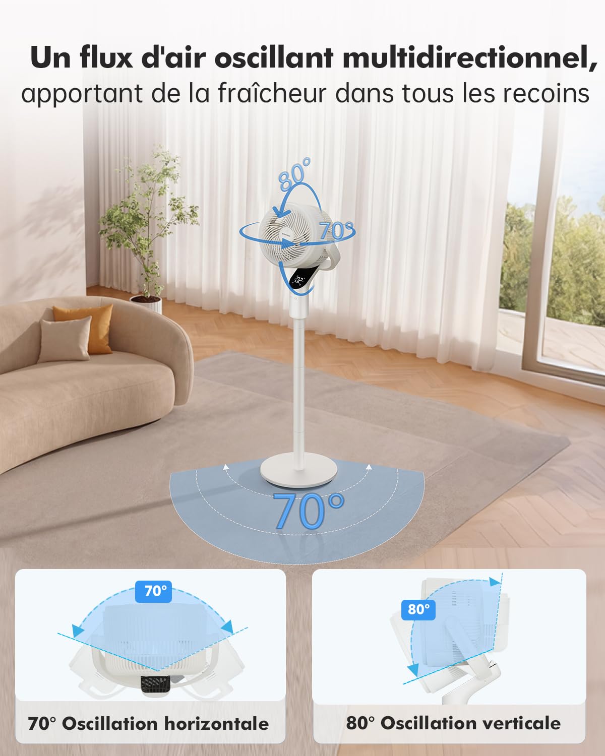 WOWDSGN 2026 Ventilateur sur pied, 22dB Ventilateur Silencieux, Vitesse du Vent 7.2 m/s, Oscillation 70°+80°, 8 Vitesses de Vent, 3 Modes, Avec Fonction Minuterie et Hauteur Réglable (Blanc)