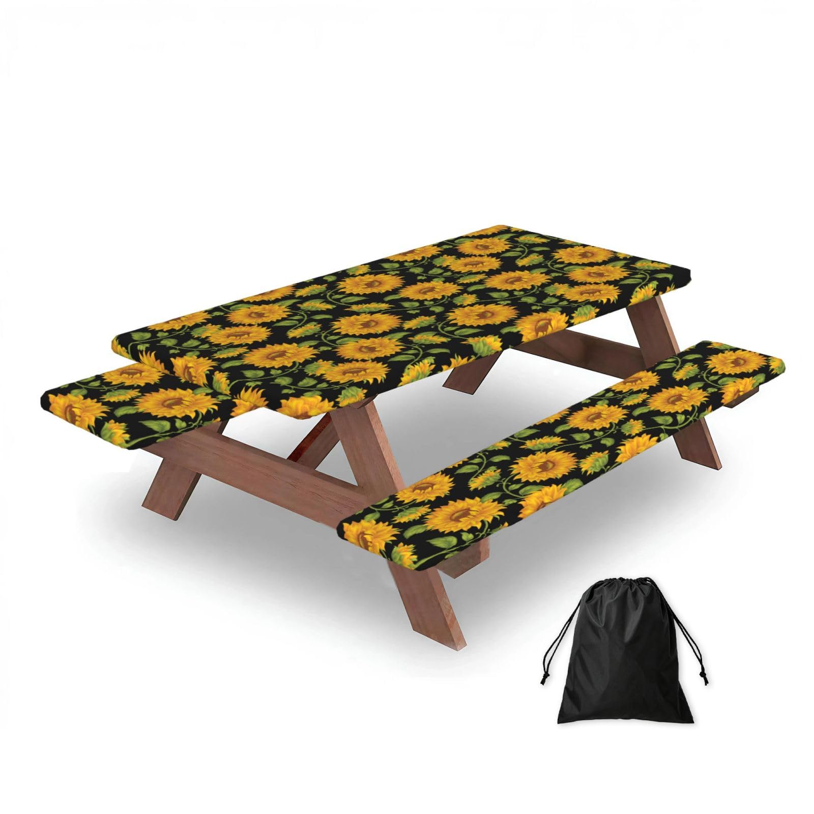Cute Sunflowers, Picnic Table Cover With Bench Covers -Waterproof Elastic Fitted Tablecloth for Garden Camping Patio 76x152cm