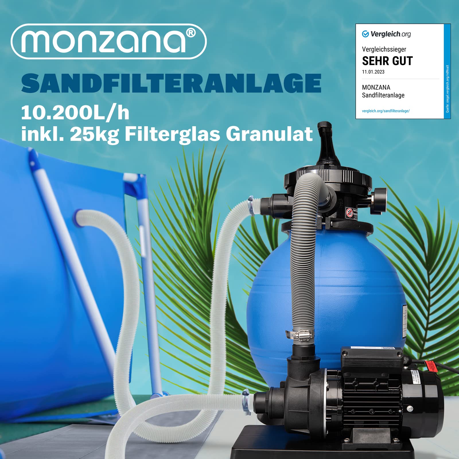 MONZANA® Filtro Acqua per Piscina SF12K 10.200 L/h Fino a 35.000L Vetro Filtrante Incl. Valvola a 7 Vie Adattatore 2in1 Ø32-38mm Pompa di Filtraggio 450W Filtri Piscine Fuori Terra Pompe Filtranti