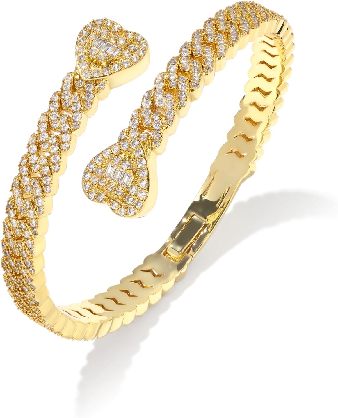 Lulu Mel Iced Heart Bracelet Baguette Bracelet Jewelry Bangle Bracelet for Women, Hip Hop Mens 14k Gold Silver Plated Cubic Zirconia Bangle Bracelet, Women Heart Cuff Bracelet With Jewelry Box