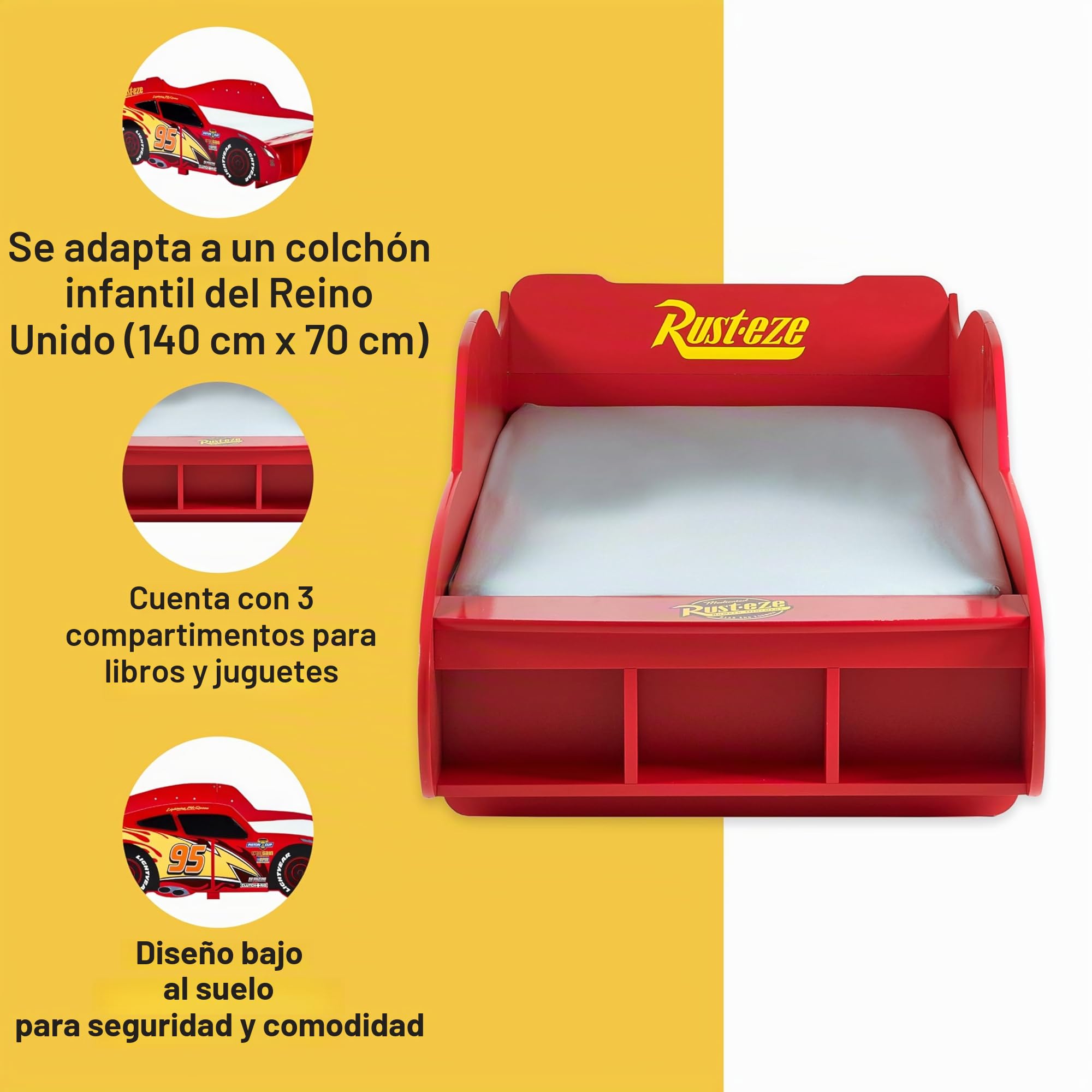 Disney Cars Lightning Mcqueen - Cama para niños pequeños: construcción Resistente, Lados protegidos, Listones de Madera, Rojo Brillante, se Adapta a colchones de 140 x 70 cm (colchón no Incluido)