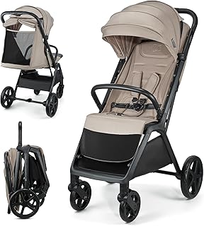 Kinderkraft LOOM Silla de paseo compacta y ligera, plegado automático, grandes ruedas antipinchazos, respaldo reclinable, UPF 50+, desde el nacimiento hasta 22 kg, Beige