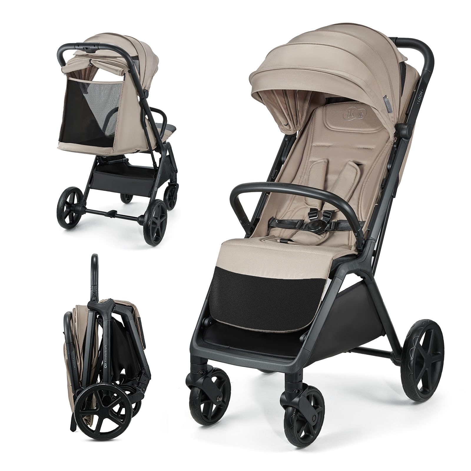 Kinderkraft LOOM Passeggino leggero 27kg, Chiusura una mano, cesto sotto, capottina estensibile, Barra sicurezza, Beige