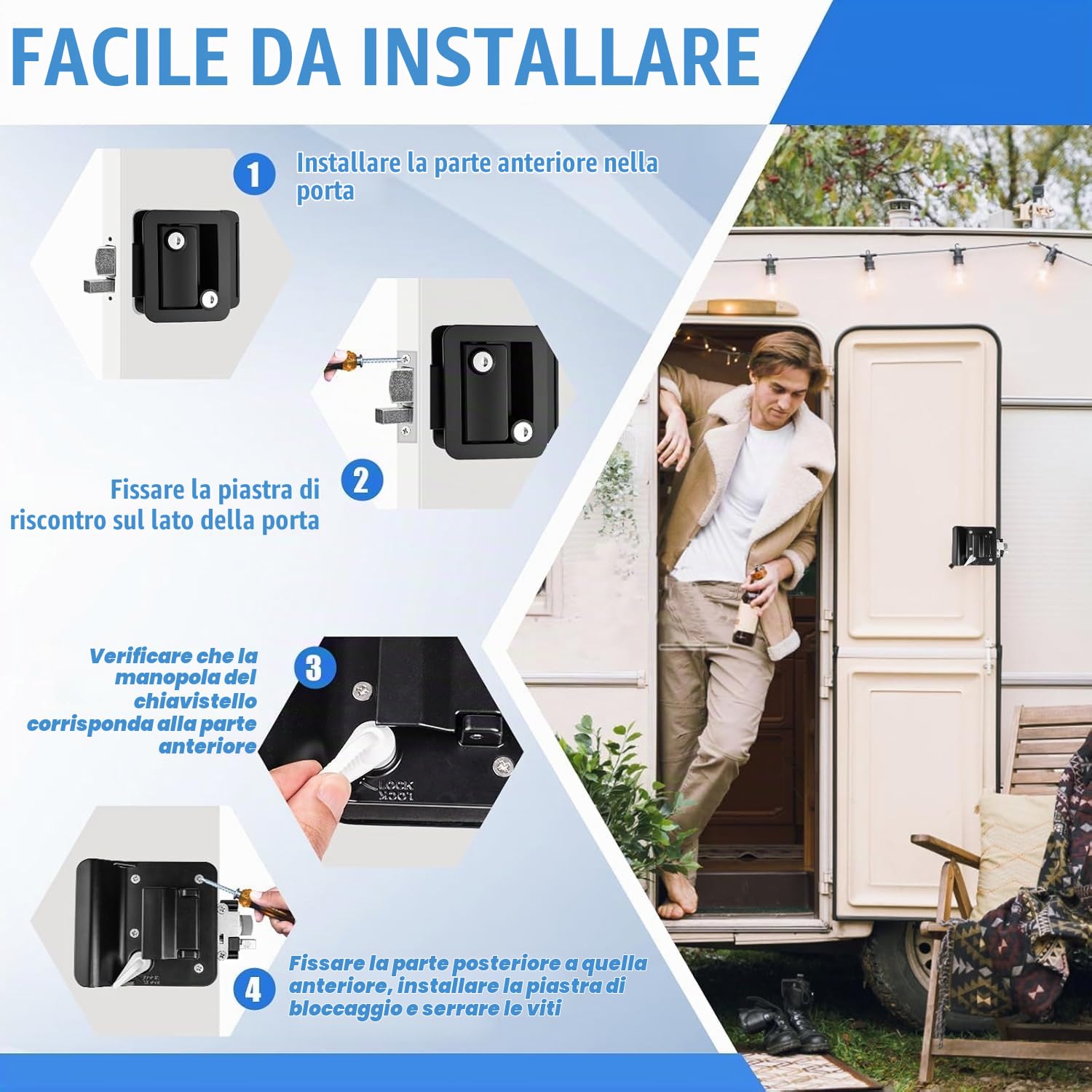 Serratura per Porta di Ingresso per Camper, Chiusura del Blocco per Porta Camper in Lega di Zinco con Chiavi, Kit di Attrezzi per Serratura per Roulotte, Rimorchi da Viaggio, Yacht