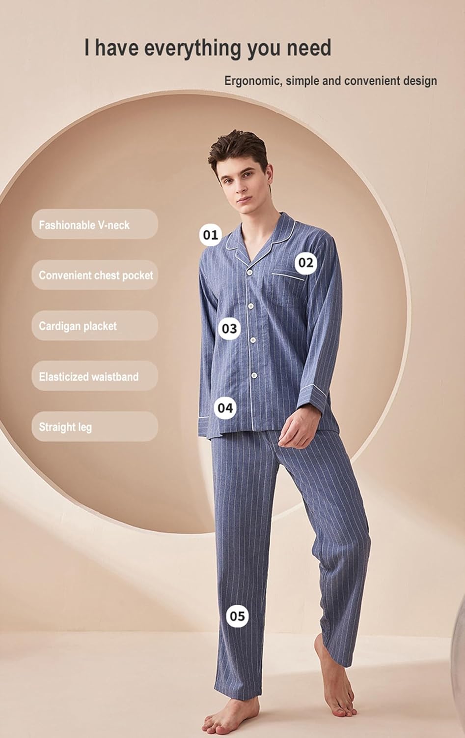 Men's Sleeve Long Leg Woven Pajama Set Cotton Button Down Sleepwear Loungewear Classic Striped Pjs Sets