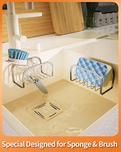 Miniatura 3 de SWTYMIKI Soporte de esponja para fregadero de cocina, soporte de esponja de fregadero móvil con ventosas de acero inoxidable para fregadero de acero