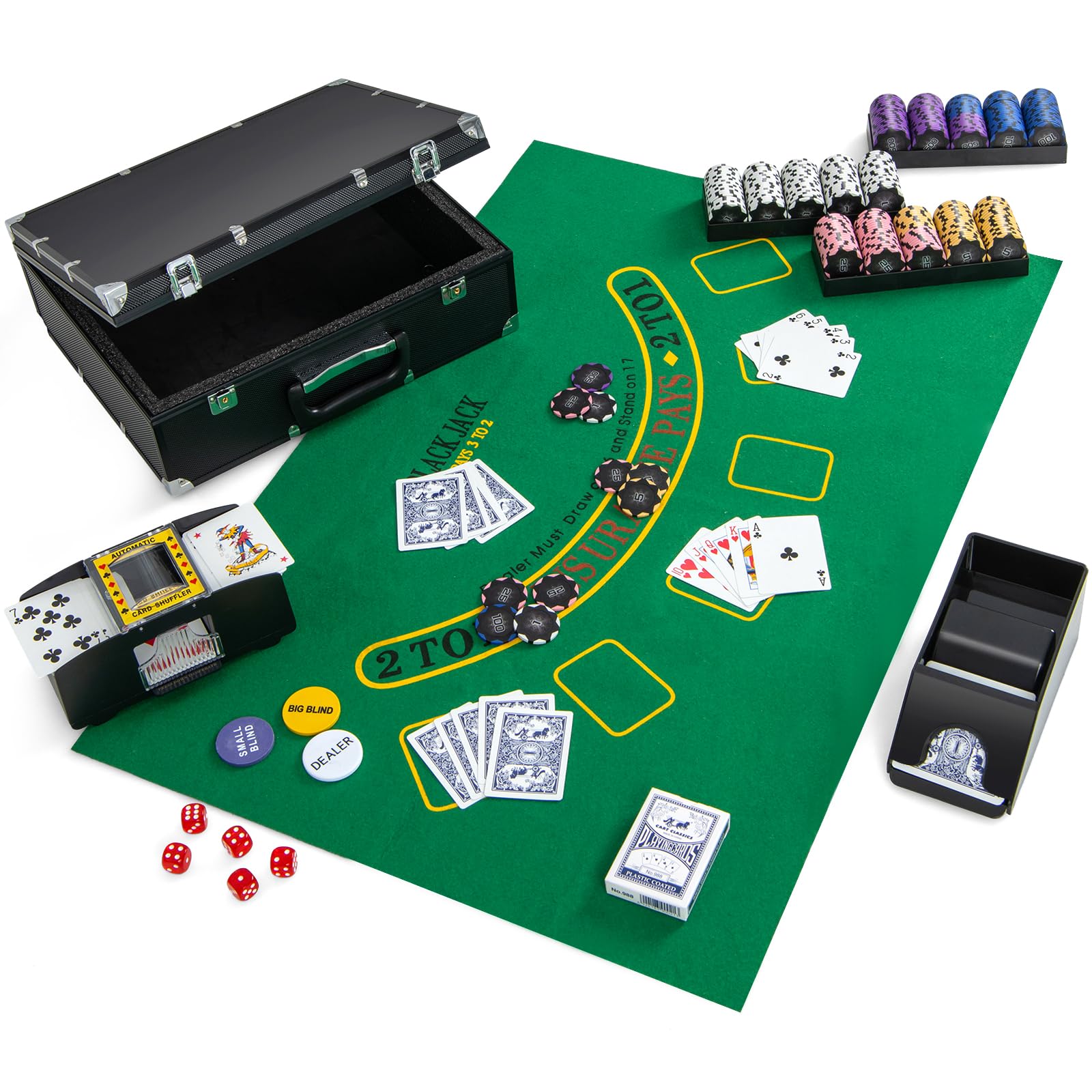 GOPLUS Maletín Poker 300 fichas, 2 juegos de cartas, 5 dados, 3 fichas crupier, alfombra de fieltro, mezclador de tarjetas automáticas, zueco de tarjeta, para Texas Hold'em, Blackjack