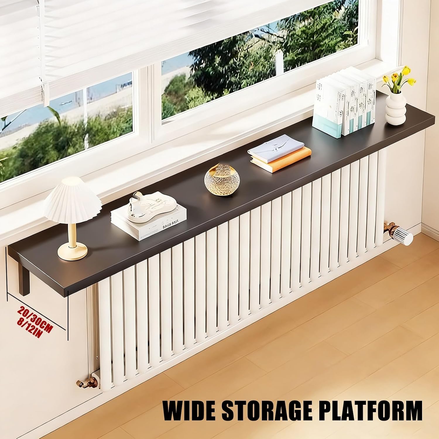 Wall Mounted Radiator Cover Shelf, Rectangular Wooden Design with Metal Brackets for Living Room and Bedroom