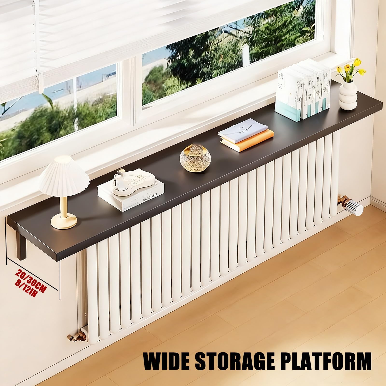 Estante para radiador de Pared - Estante Rectangular de Madera Negra con Soportes metálicos para Sala de Estar y Dormitorio (47x12 Pulgadas 120x30 cm) - Decoración Elegante y Funcional