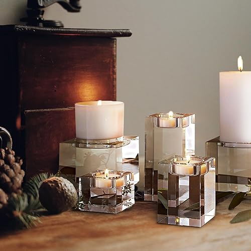 Miniatura 7 de Juego de 3 portavelas de cristal transparente, portavelas cuadrado para velas de té, candelabros votivos de cristal, decoración de mesa para boda,