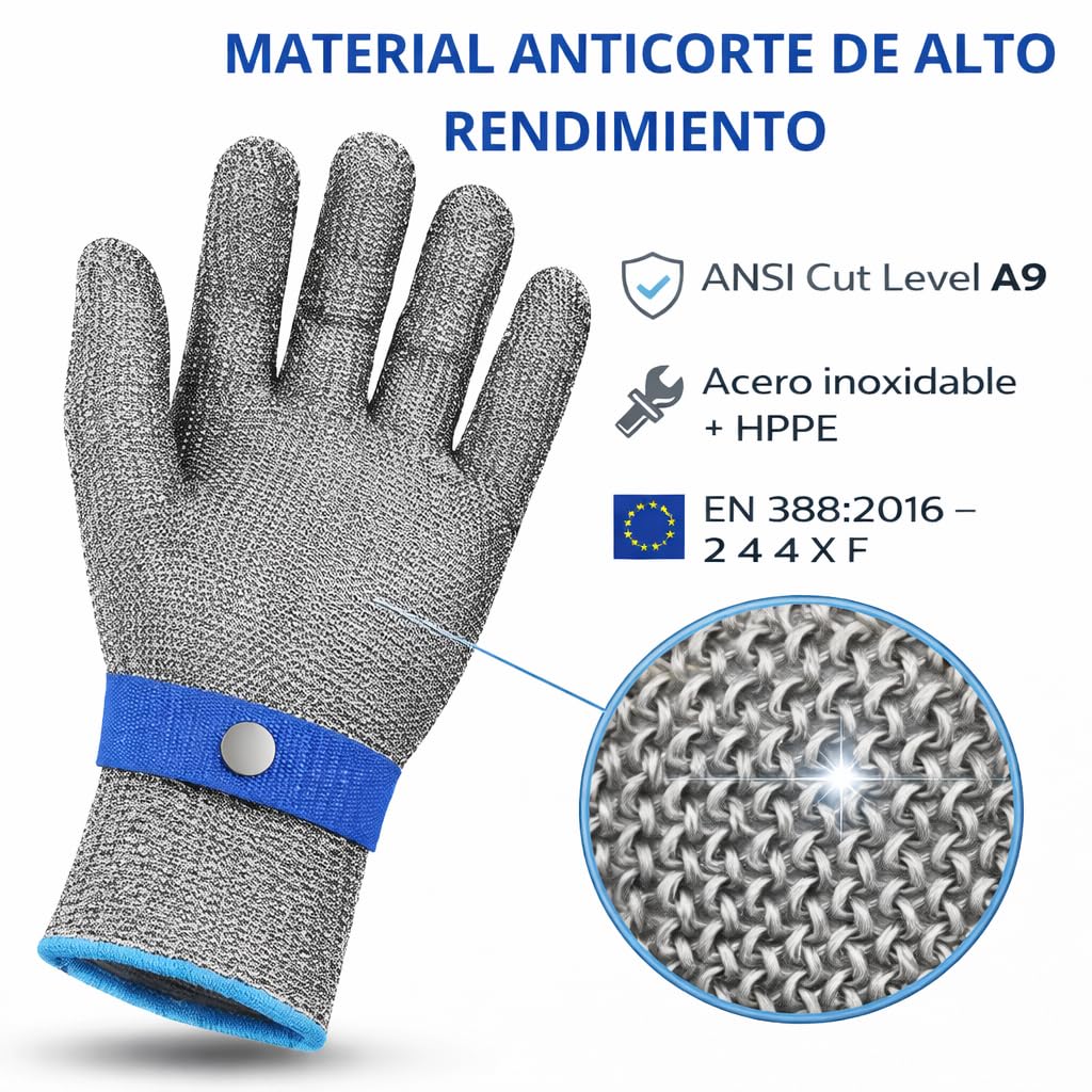 Guantes anticorte cocina nivel ANSI A9, protección integral de palma, dorso, dedos y muñeca, CE EN 388:2016 2 4 4 X F, con guante interior de nylon para mayor comodidad. (1, XL)