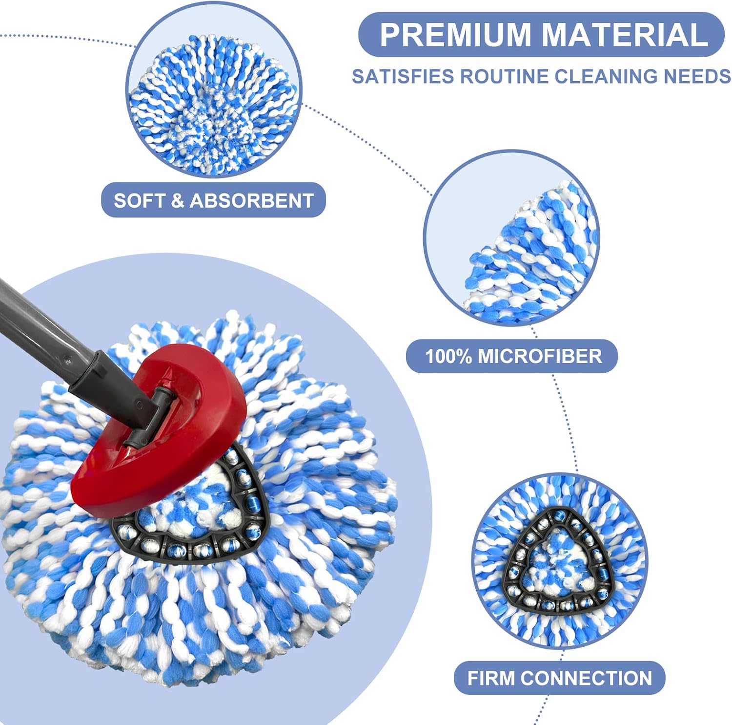 Replacement Mop Heads Compatible with 2-Tank RinseClean Spin Mop, 4 Pack Microfiber Mop Refills with Base Cover, Secure Fit, Machine Washable, Reusable for Hardwood Floor, Tile & Pet Hair