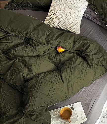 Miniatura 4 de Nanko Juego de edredón de tamaño matrimonial, color verde oliva, jacquard bohemio geométrico, suave, desgastado y elegante, de microfibra