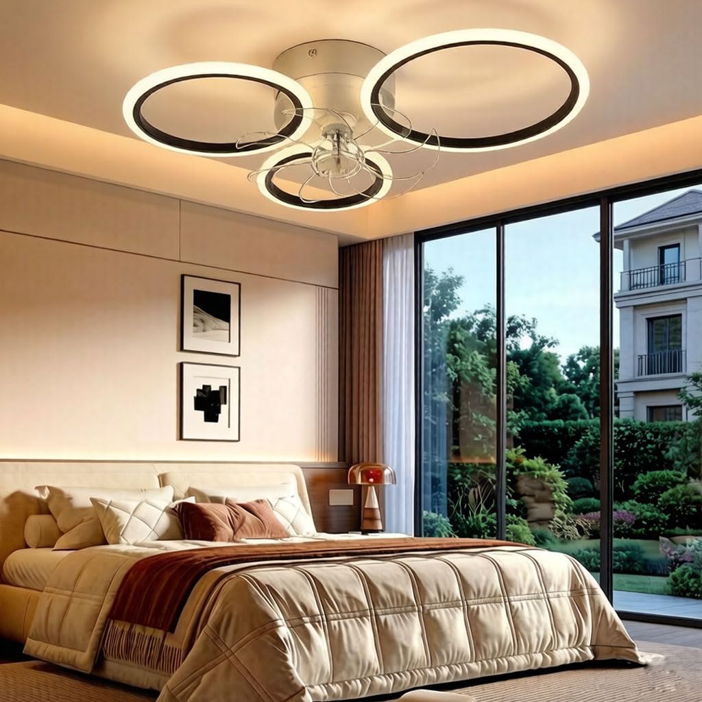 LED Dimmerabile Plafoniera Con Ventilatore Moderno Creatività Doppio Anello Lampada Da Soffitto Ventilatore Silenzioso Ultra-Sottile Soggiorno Camera Da Letto Fan Luci Illuminazione, Ø78cm