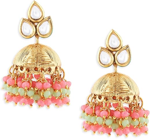 Zaveri Pearls Green & Pink Cluster Beads Drop Kundan Jhumki Earring For Women-ZPFK14614