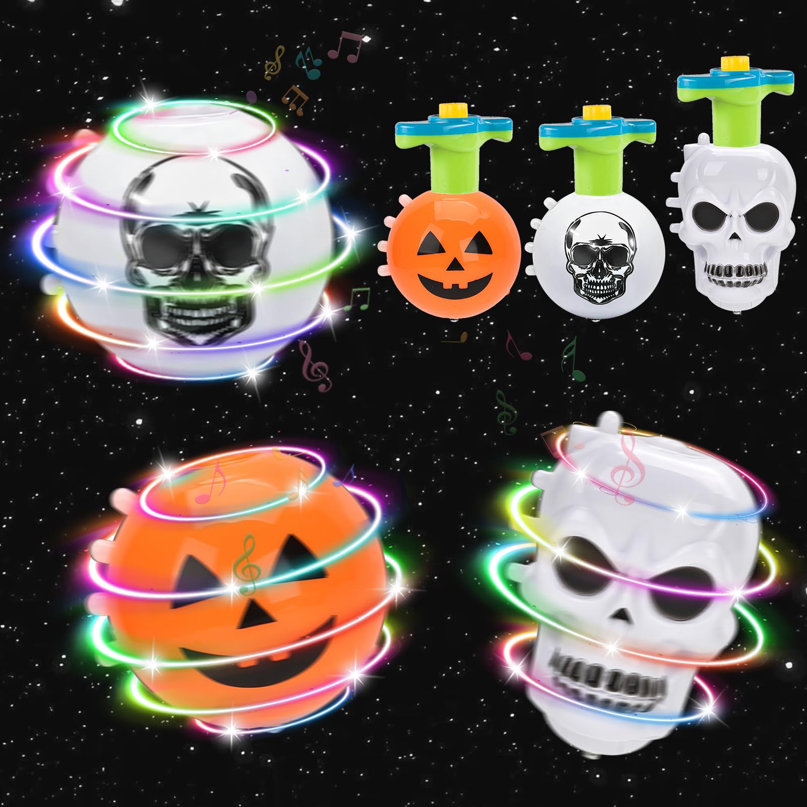 Halloween Party Bags Children, Pack of 3 LED Spinning Tops for Children, Interactive Game, Pumpkin and Skull Design, Can Be Used as Party Gift Bag Filler, from 3 4 5 6 7 8 9 Years