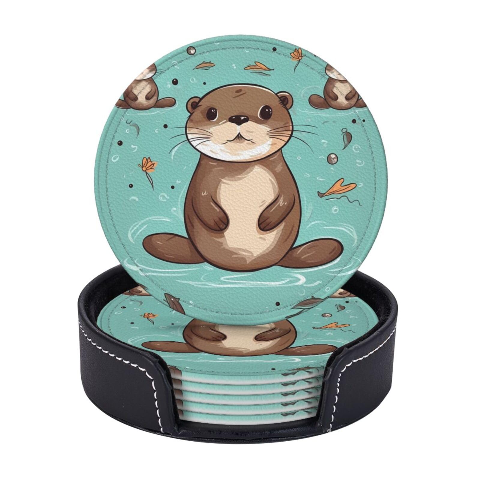 Round Coasters for Drinks Set of 6 - PU Leather Coasters with Holder - Modern Drink Coasters for Coffee Table - Cartoon Cute Otter Coaster for Tabletop Protection 4" Cup Mat Pad