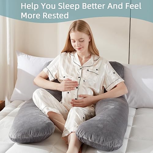 Miniatura 9 de DOWNCOOL Almohada de embarazo, almohada corporal en forma de U, almohada de maternidad de espuma viscoelástica, almohada gris de 55 pulgadas con