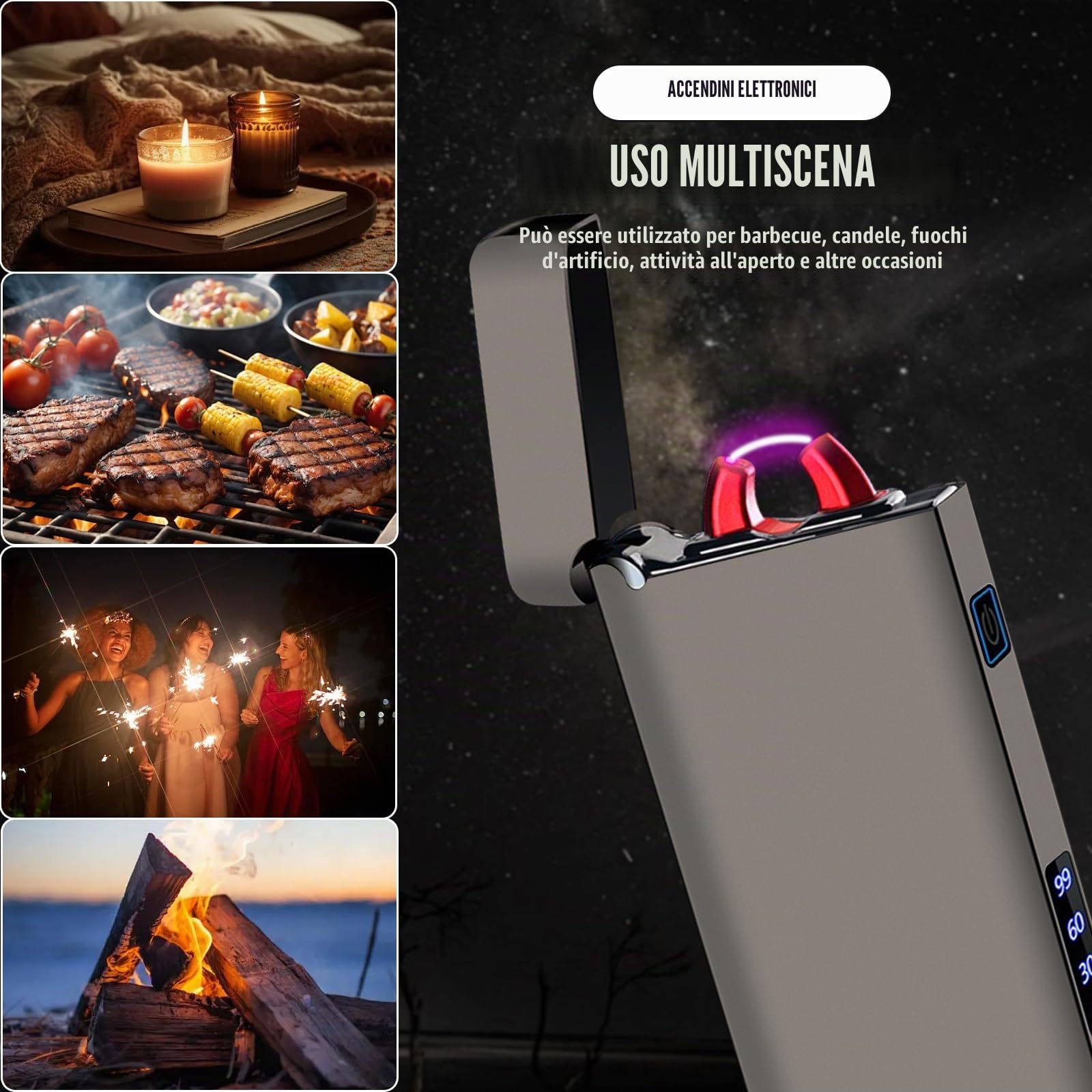 SKRFIRE Accendino elettrico antivento ricaricabile – Plasma Arc Design, ricarica USB, indicatore digitale della batteria, indispensabile per sopravvivenza, escursionismo e barbecue (nero lucido)