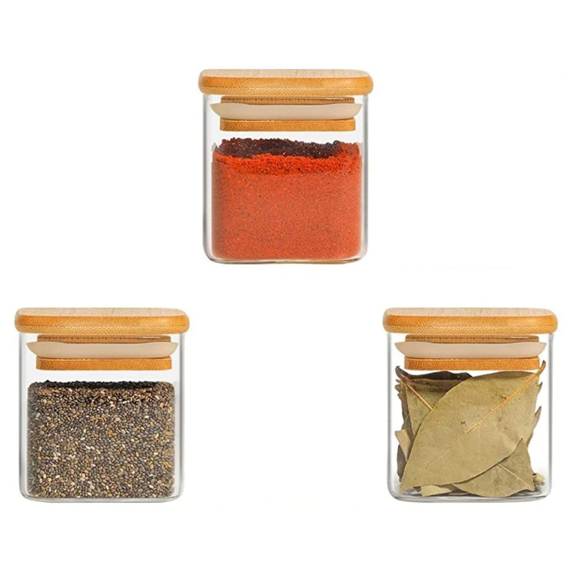 Jinelza Airtight clear glass storage canister with wood lid food storage container jar with sealing bamboo lid for kitchen storage and multipurpose use (220ML SQUARE JAR, 3 PCS)