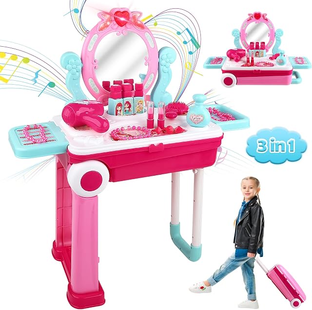 Dreamon Pretend Play Makeup Toy Set Beauty Princess Dressing Table and Suitcase 2 in 1 Gift for Kids Girls Boys Children