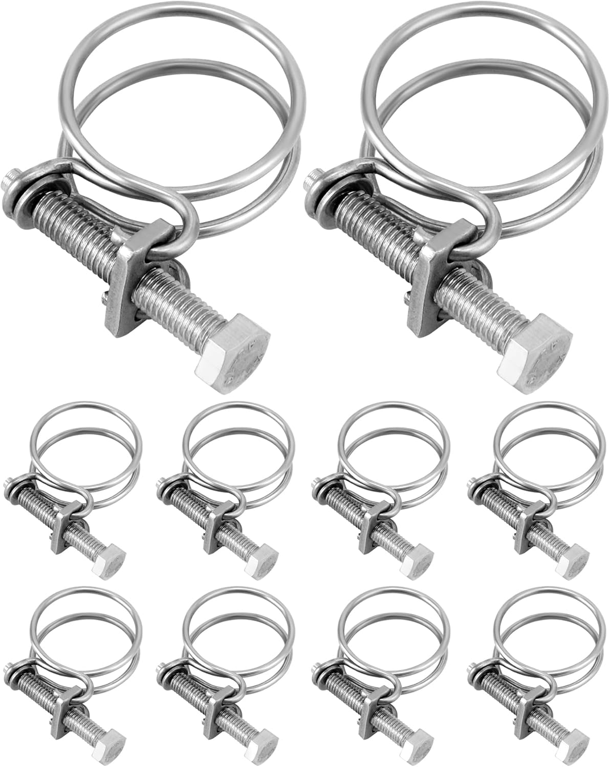 QWORK Heavy-Duty 1-1/2 Inch Double Wire Hose Clamp with Bolt – 304 Stainless Steel 10 Pack, Leak-Proof and Corrosion-Resistant for Secure Hose Connection