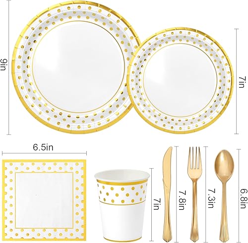 Miniatura 2 de Suministros de fiesta de papel de oro blanco 25 platos de papel, 25 platos de postre, 25 servilletas, 25 tazas, 25 cuchillos, 25 tenedores, 25