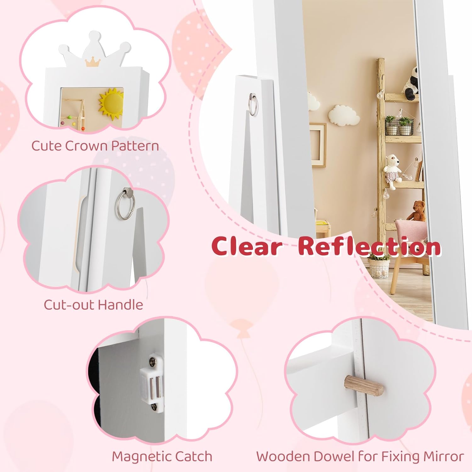 CHARMAID 360° Swivel Kids Jewelry Cabinet, 47" Full Length Mirror with Jewelry Storage, Jewelry Armoire with Drawer and Back Shelf, Kids Vanity Dressing Mirror Jewelry Organizer for Girls (White)