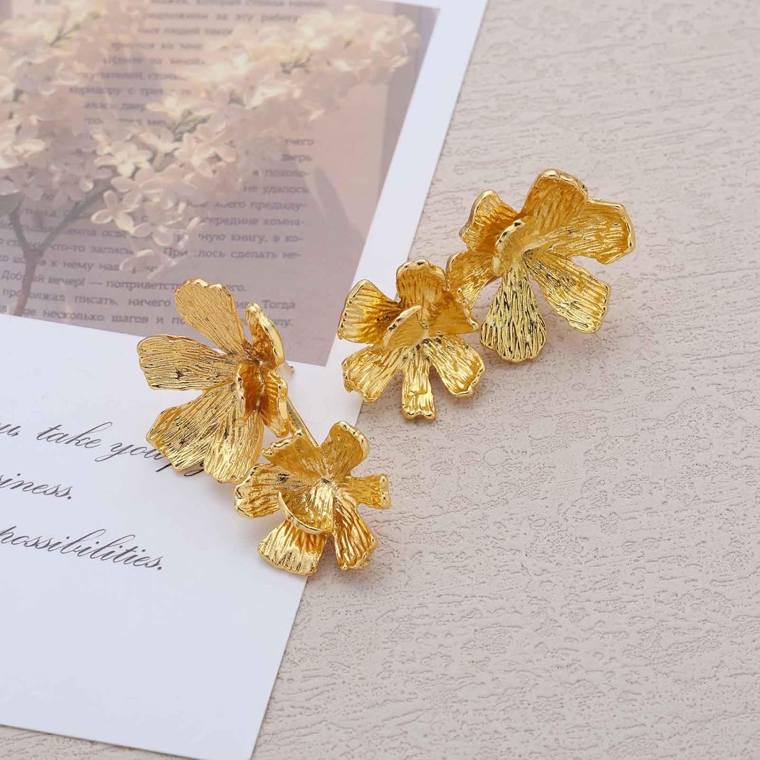 Andelaisi Boho Gold Flower Earrings Vintage Flower Floral Earrings Gold Double Floral Dangle Earring Personalized Lily Petal Earring Jewelry for Women - Image 3