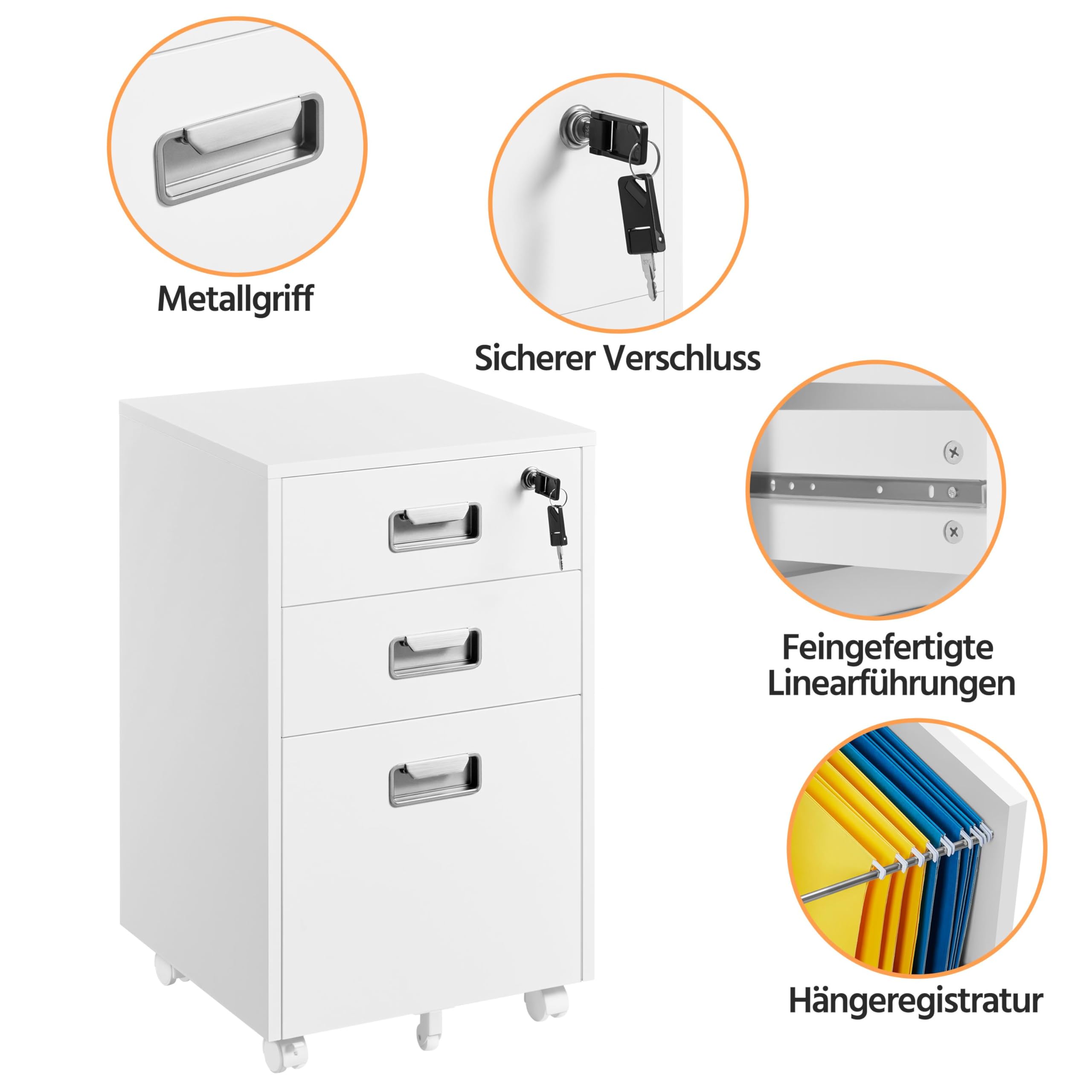 Yaheetech Rollcontainer Aktenschrank mit 3 Schubladen und Hängeregistratur Mobiler Büroschrank für Arbeitszimmer, Wohnzimmer, Büro Weiß